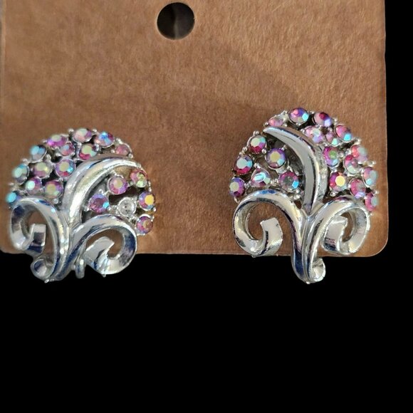 VTG Coro Silver Tone Clip On Earrings Pink AB Stones Aurora Borealis Mod 1960s - Picture 6 of 14